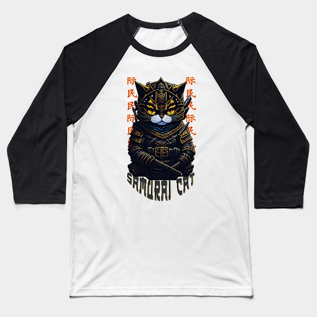 Samurai Cat Baseball T-Shirt by 